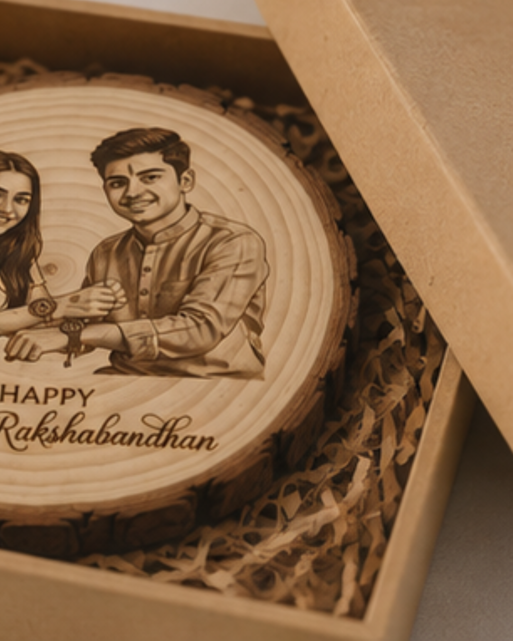 Personalised Natural Wood Round Engraved Photo Frame with free wooden stand